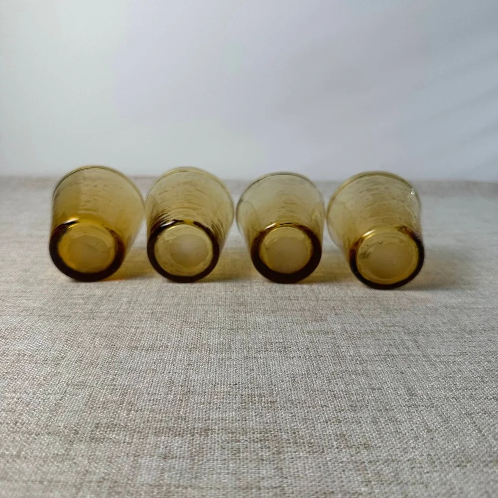 Hand Blown Amber Glass Petite Tumblers Set of 4 Pontil Bubble Art Glass Cups
